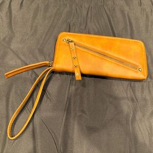 Free People Wallet Zip Around Wristlet Vegan Leather Brown 8"x4"